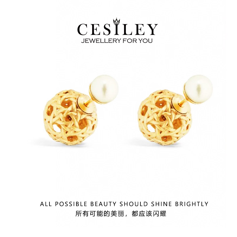 铜合金耳饰 编织镂空圆球耳钉DTA1058