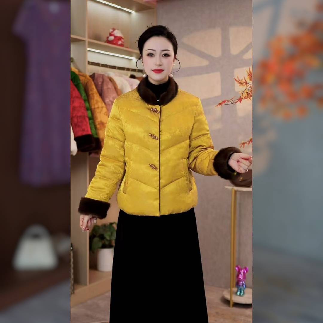 2025冬季新款高端大气洋气新中式国风棉服柠檬黄毛领