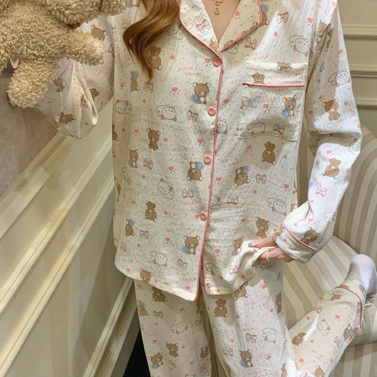 可爱轻松熊睡衣女春秋冬季长袖长裤套装韩版开衫可外穿家居服