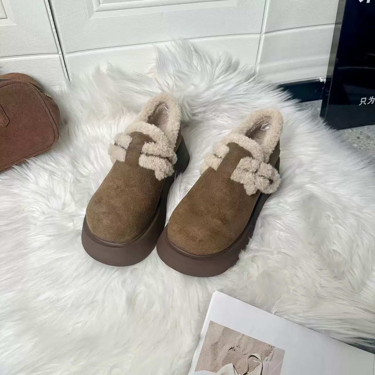 厚底毛毛冬新款懒人一脚蹬豆豆鞋加绒保暖百搭博肯女棉鞋922-19店
