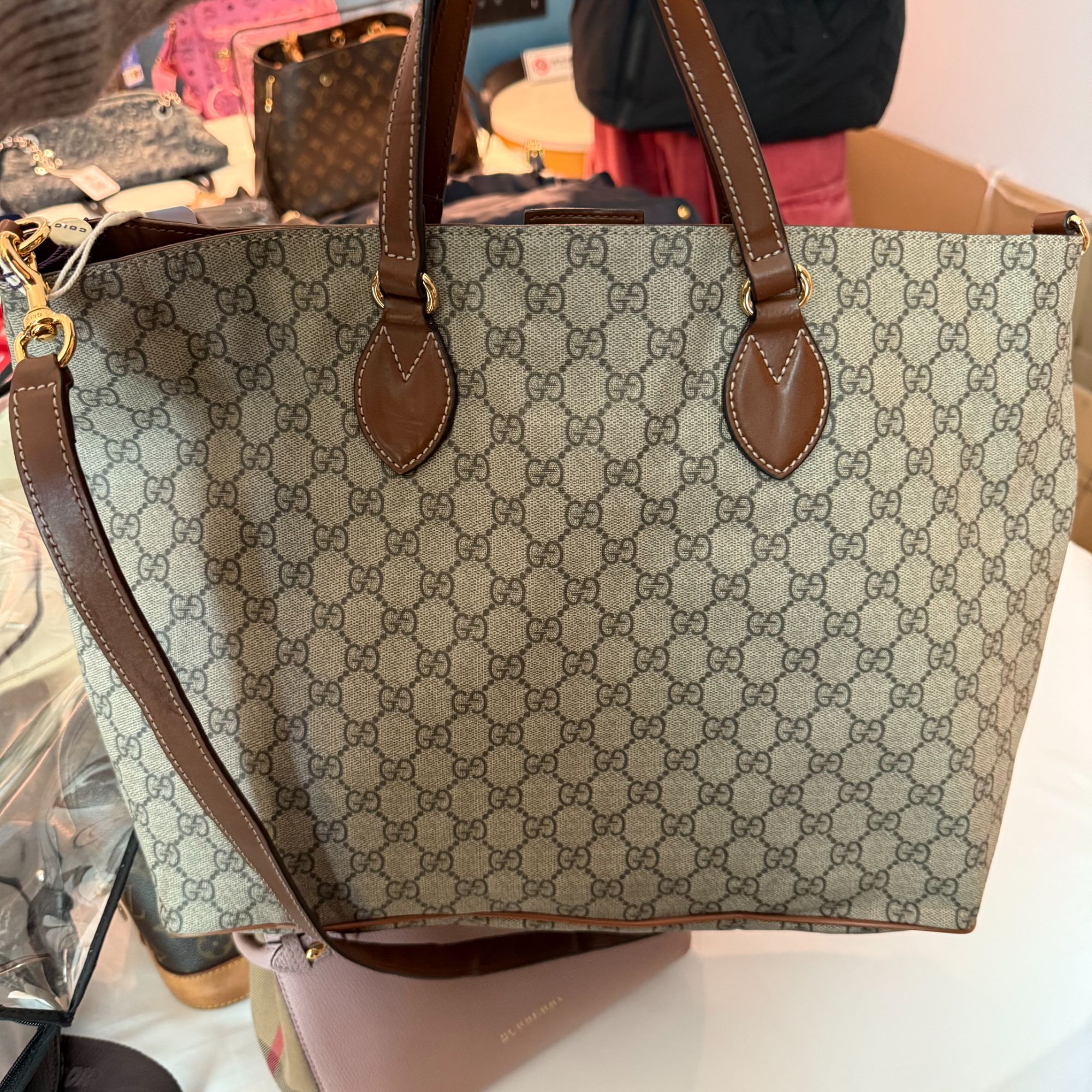 95新 GUCCI/古驰 老花拼棕色手提斜挎包/龙龙在包展