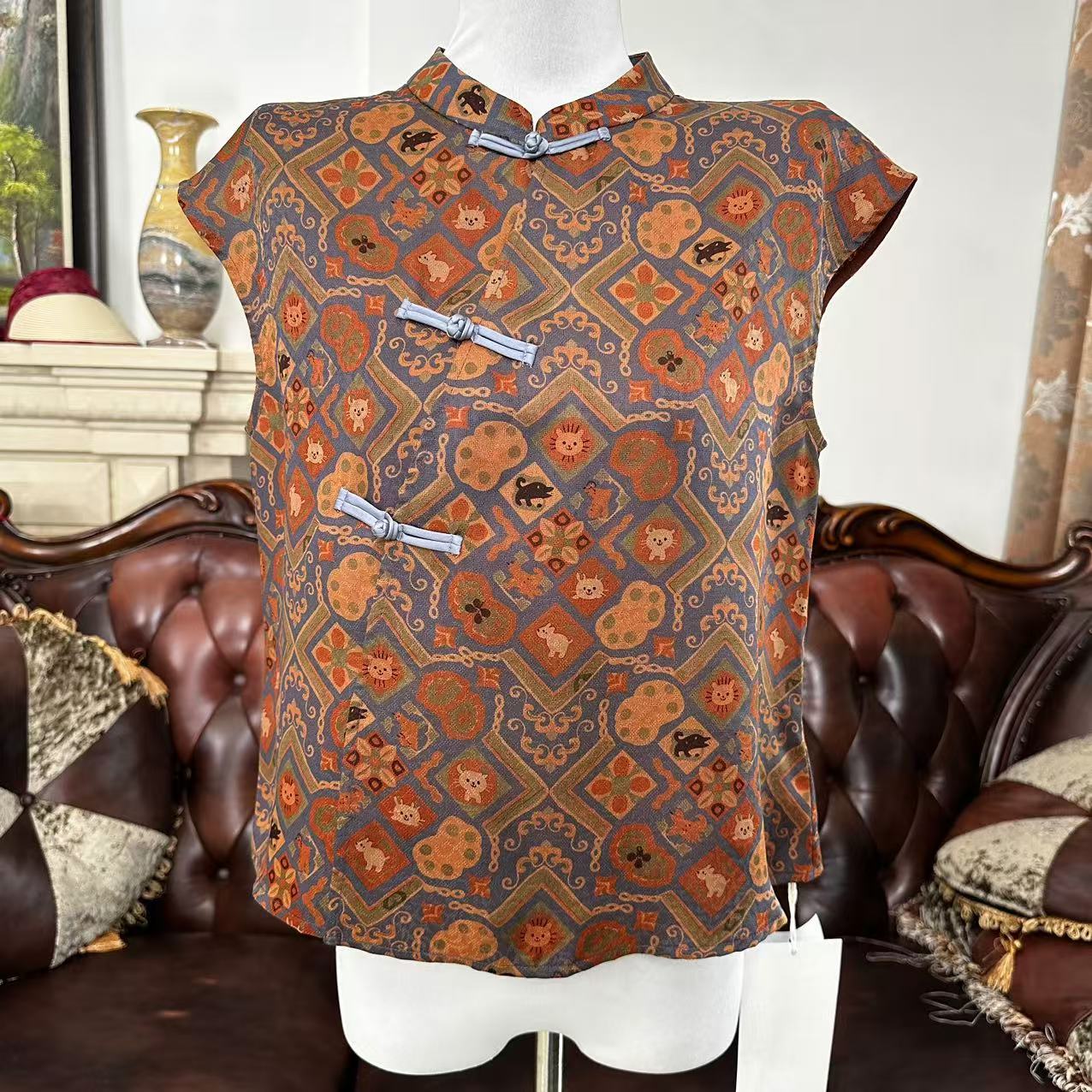 2色香云纱衬衫上衣小包袖小猫小狗印花夏季111232-177349