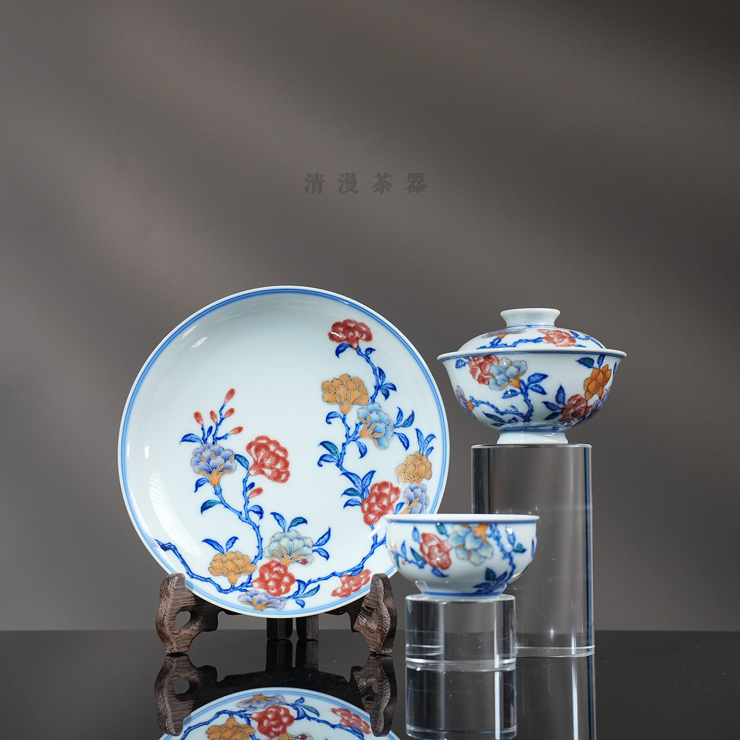 玗琪轩柴窑釉里红斗彩石榴花茶器  景德镇全手工高档送礼喝茶茶具