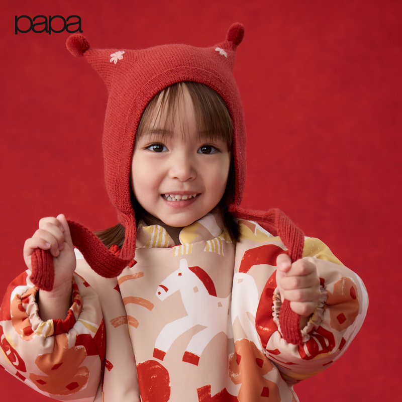 【新年】papa爬爬冬季儿童帽子男女童加厚可爱超萌新款系带毛线帽