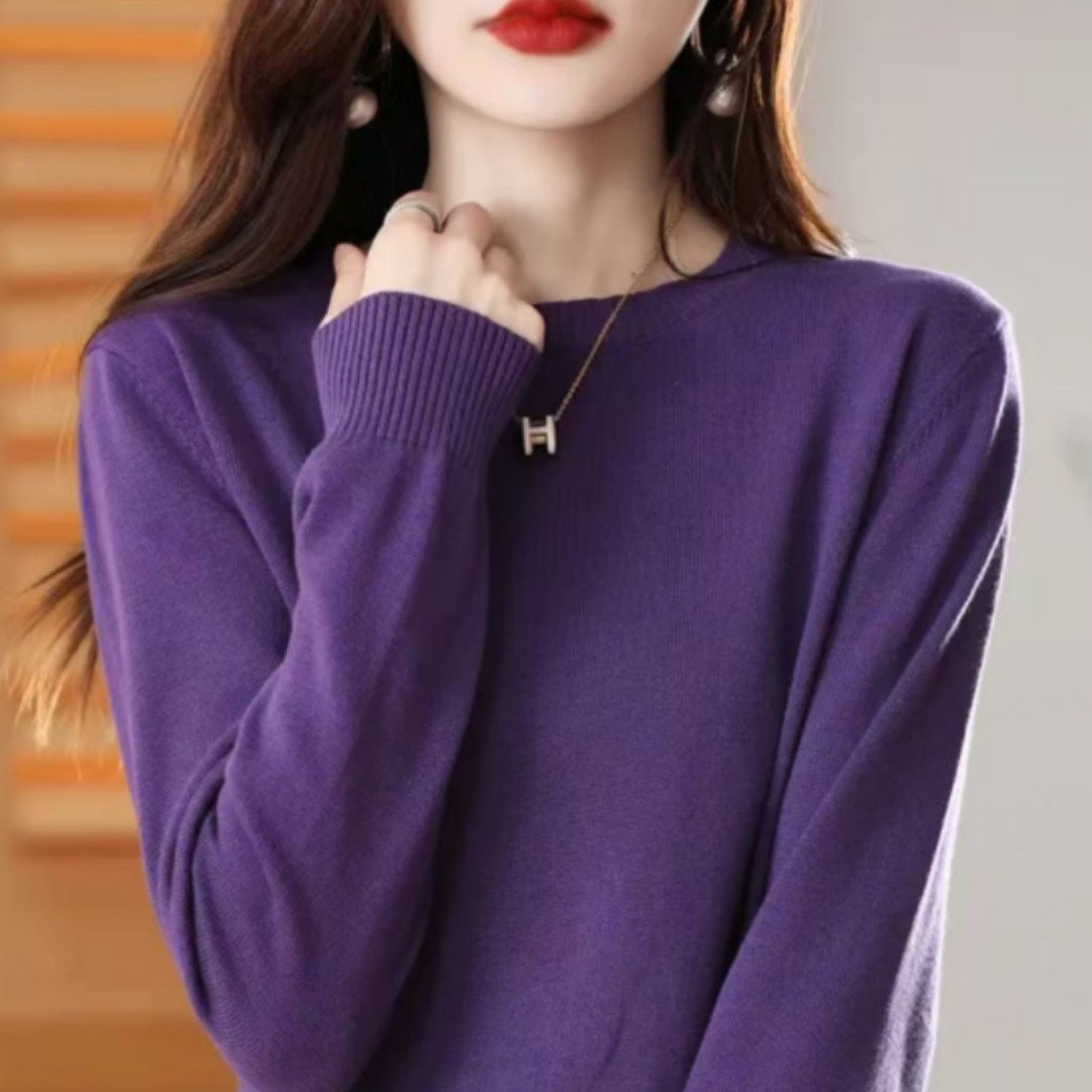 秋冬新款长袖针织衫圆领薄显瘦纯色气质套头百搭慵懒打底衫网红