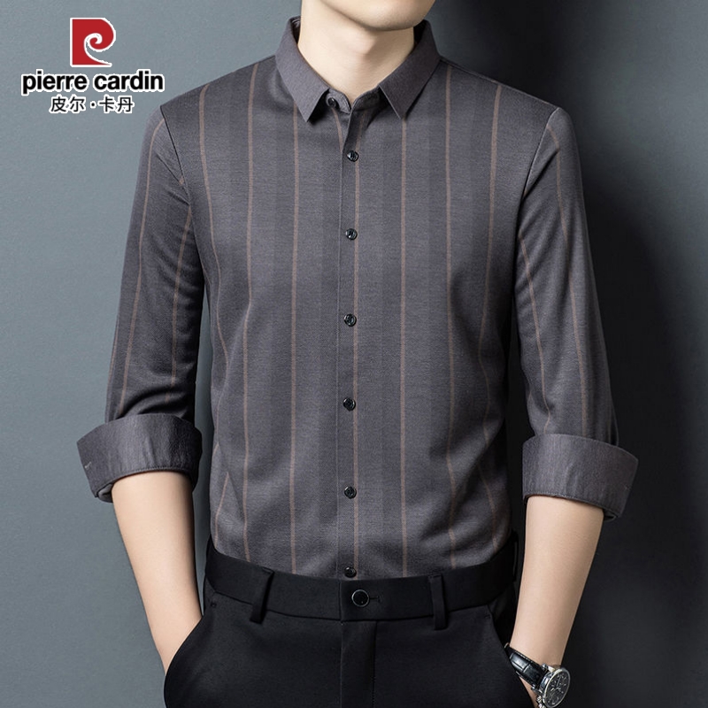 皮尔卡丹高档商务抗皱条纹无痕无缝羊毛桑蚕丝男装衬衫