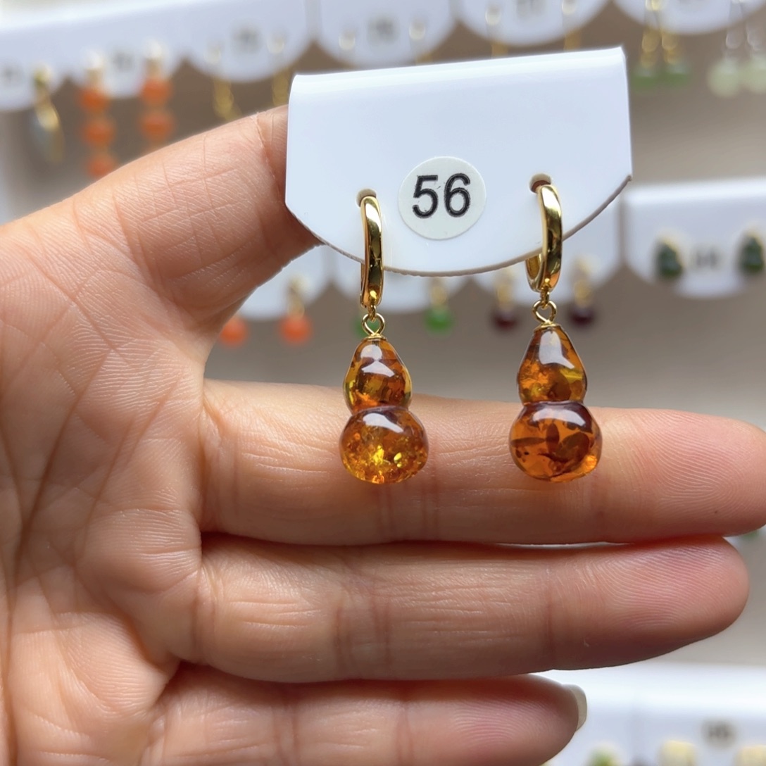 琥珀（花珀）耳饰银S925镶嵌花珀