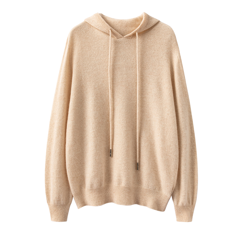 纯山羊绒无缝连帽衫保暖秋冬休闲纯色带帽针织长袖毛衣女