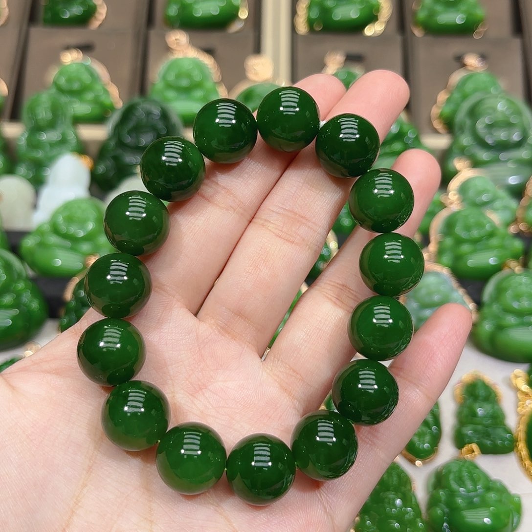 和田玉（碧玉）手串未镶嵌14m菠菜绿单圈