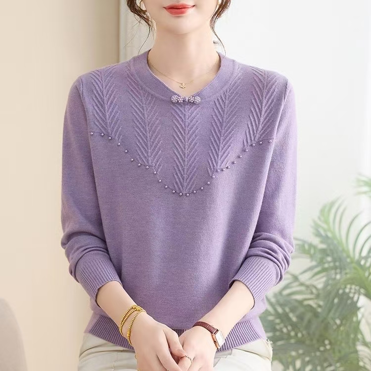 妈妈薄款春秋纯色针织长袖上衣秋装套头毛衣女装打底衫8803