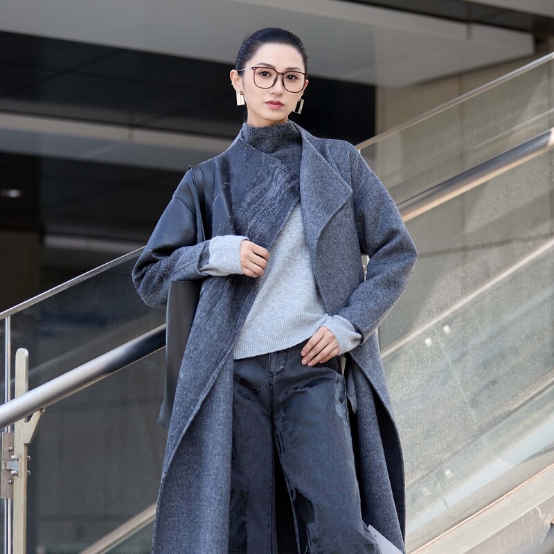 【粉丝专享】圣迪奥宽松双面呢翻领加厚长款毛呢外套插肩袖保暖