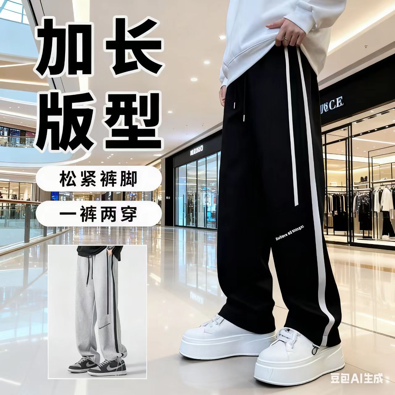 青少年直筒运动加长裤子宽松休闲一裤两穿裤型百搭加长男款裤子