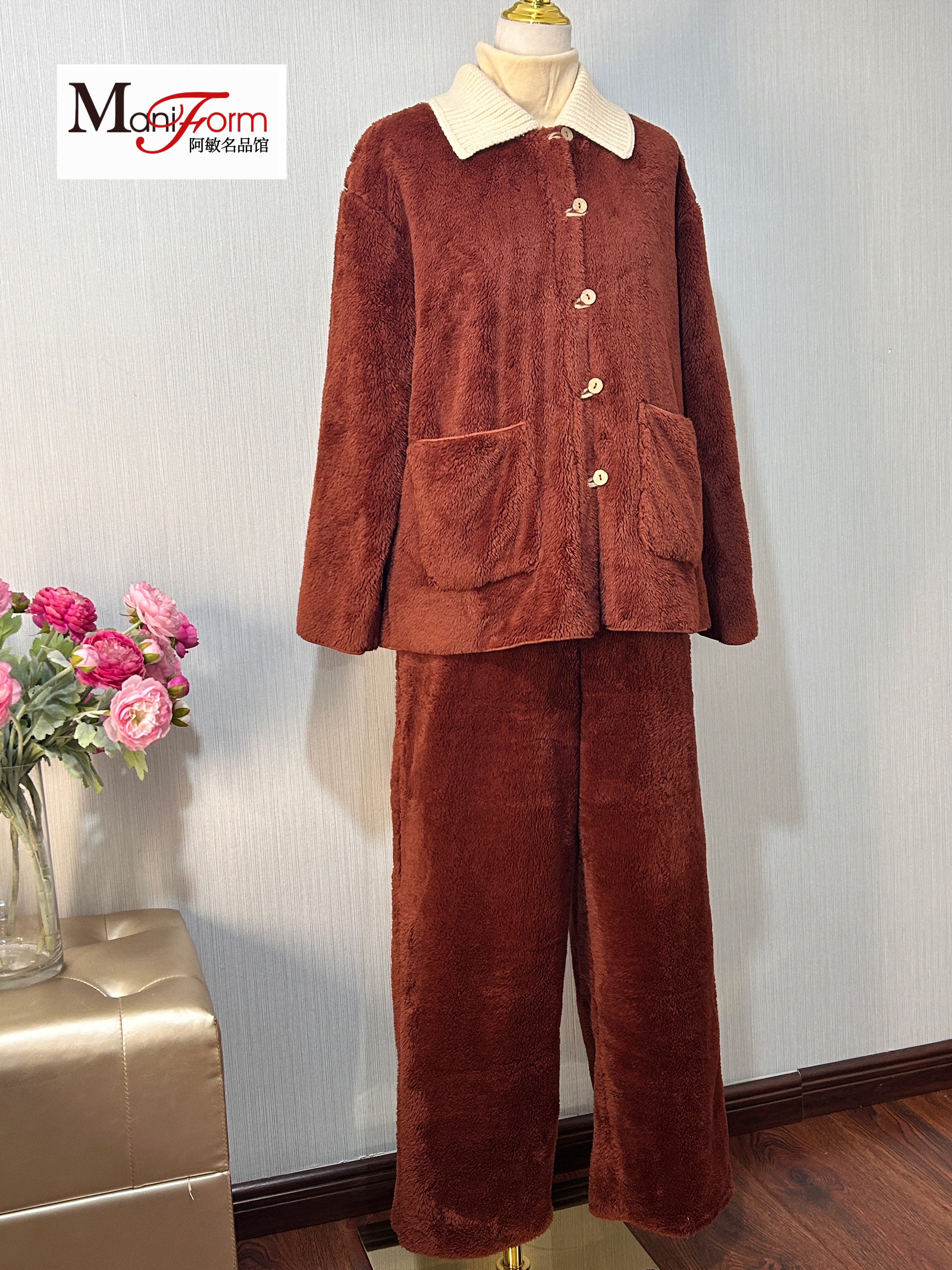 朵朵可可2542-032女士秋冬双面绒针织领珊瑚绒大口袋家居服套装