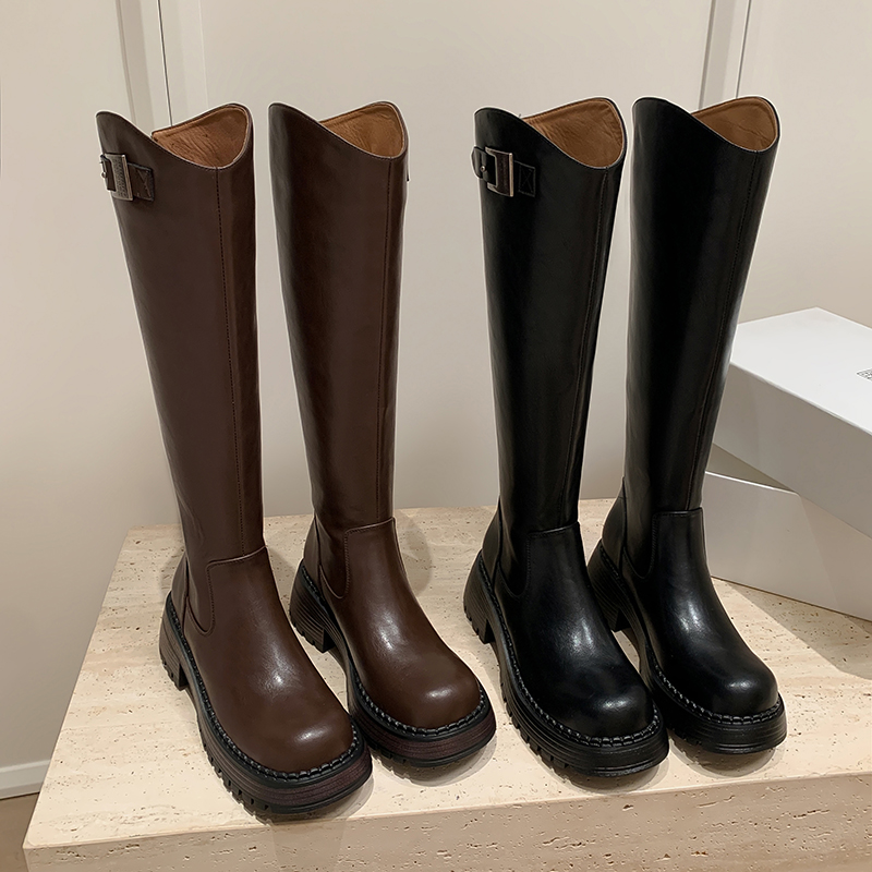 Luna·【5cm】34-40牛皮/单里/绒里新款时尚厚底圆头扣件骑士靴女
