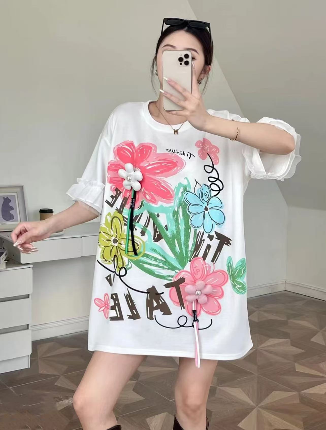 【清仓现货】2025夏季款白色花朵diyT恤05299