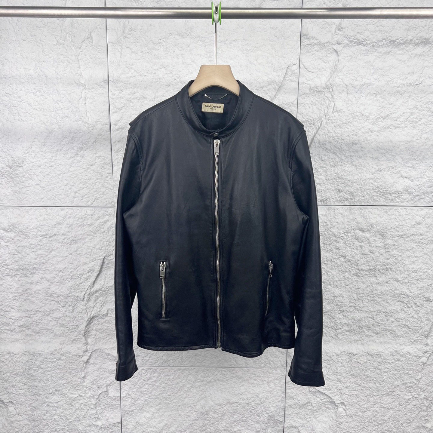 95新 YSL/圣罗兰 54码/黑色拉链羊皮皮衣夹克外套/15710056