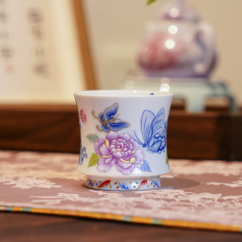 【伴斤茶舍】灵玺贡坊   青花加彩蝴蝶直口杯   中式手绘喝茶饮茶