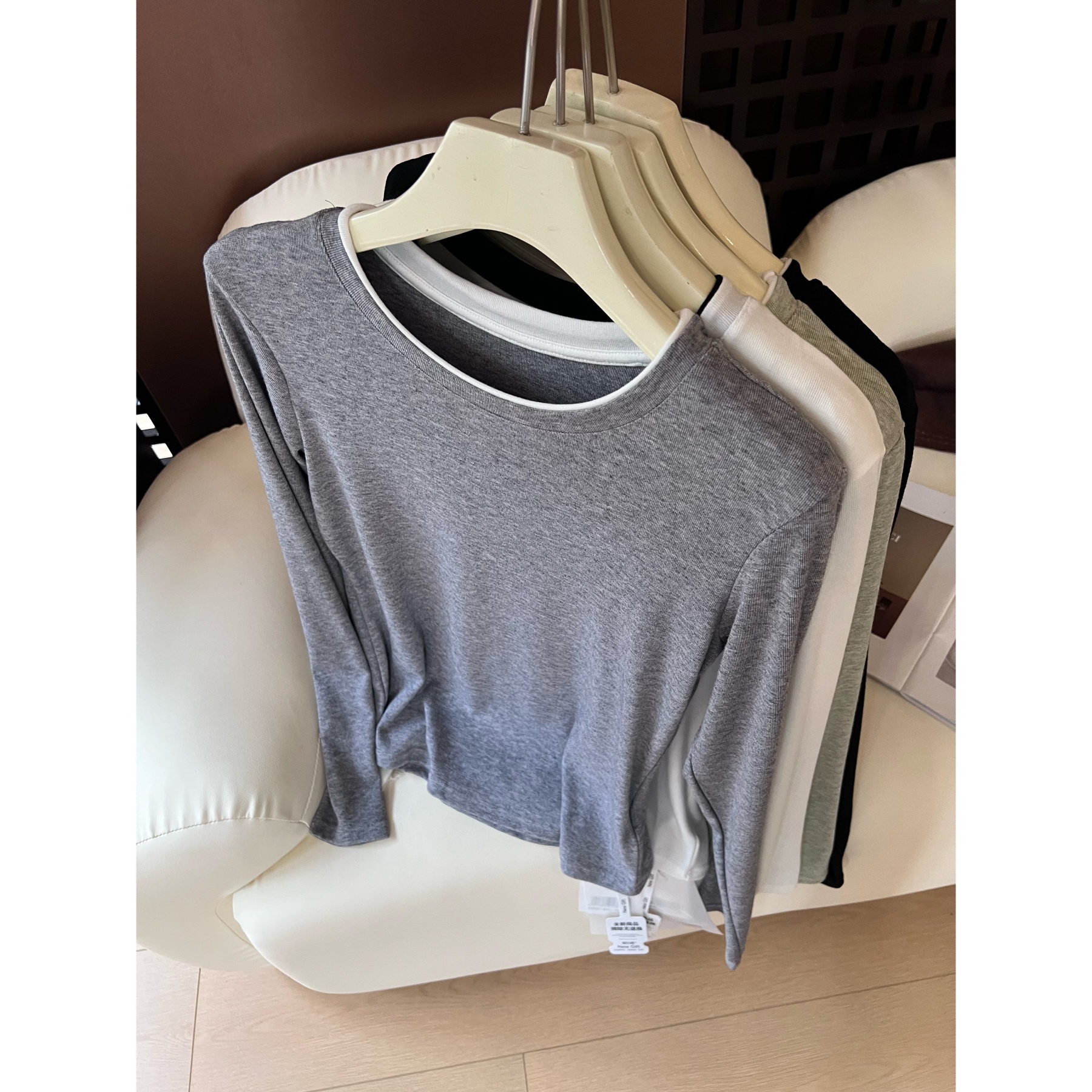 【叠穿好物】J74撞色内搭长袖T恤女高弹修身百搭假两件打底衫上衣