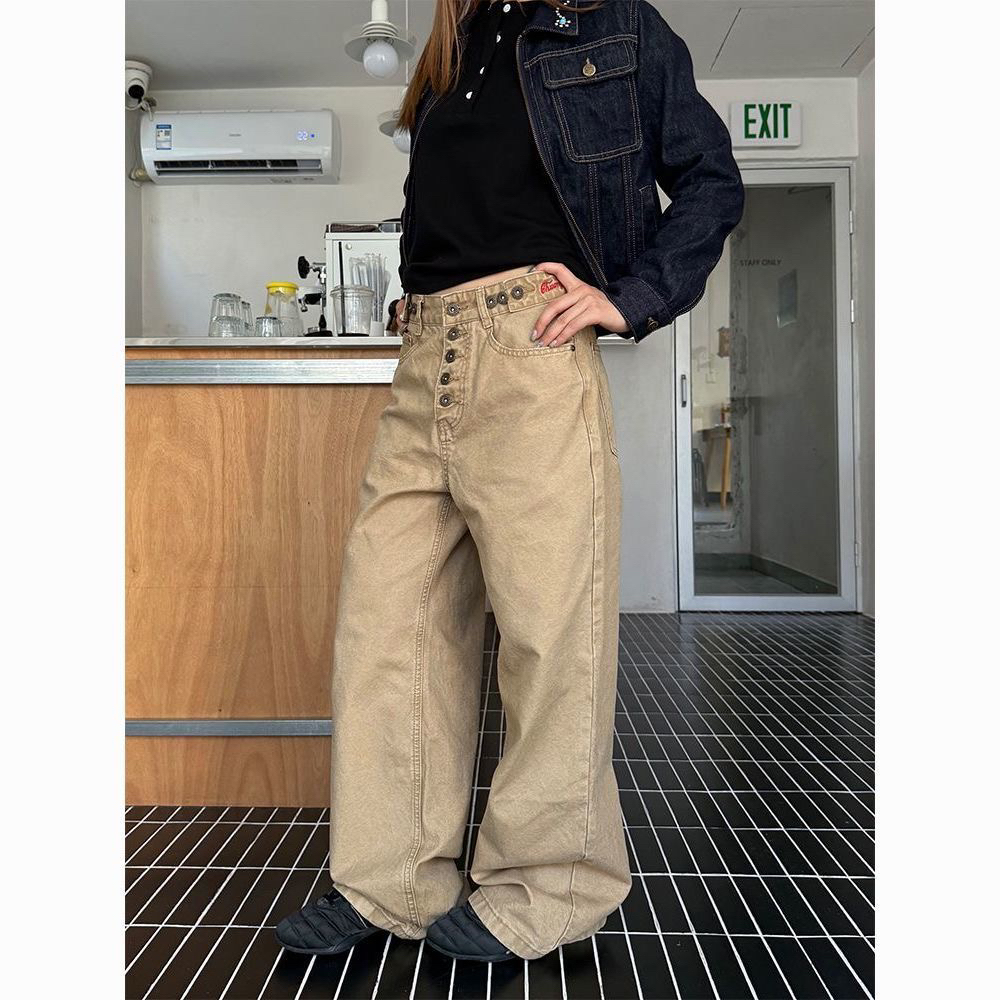 美式复古直筒宽松排扣工装裤男女同款休闲设计街头长裤子