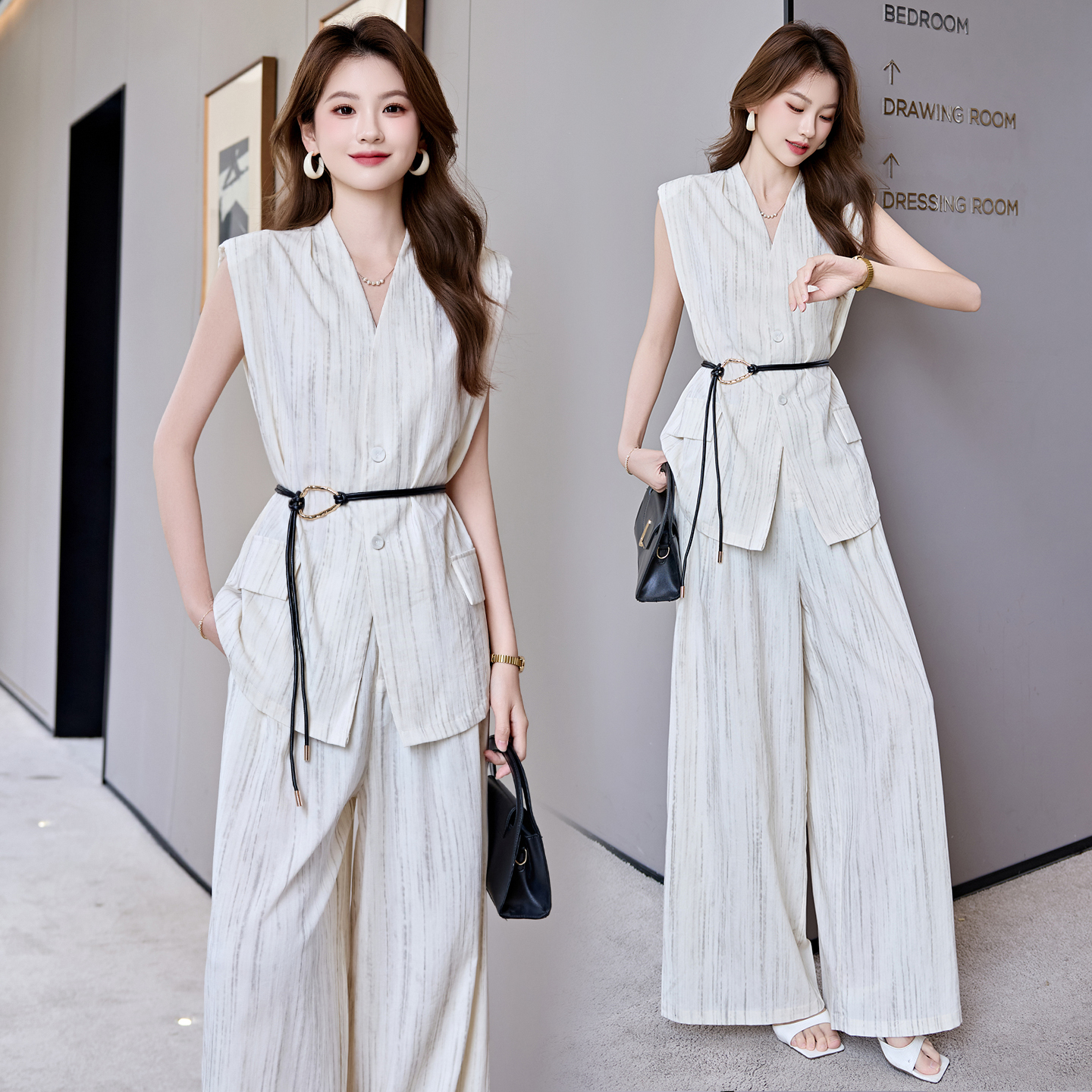 高级感气质系带衬衫套装女2025年夏季新款轻熟风晕染阔腿裤两件套