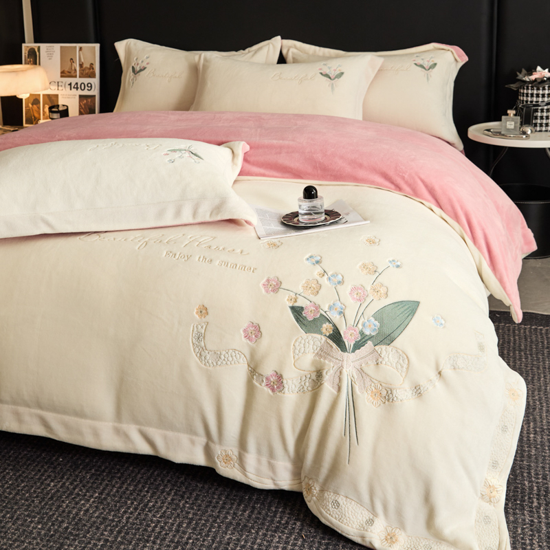 水星家纺轻奢加厚牛奶绒四件套保暖床单被套秋冬加绒被罩绣花床品