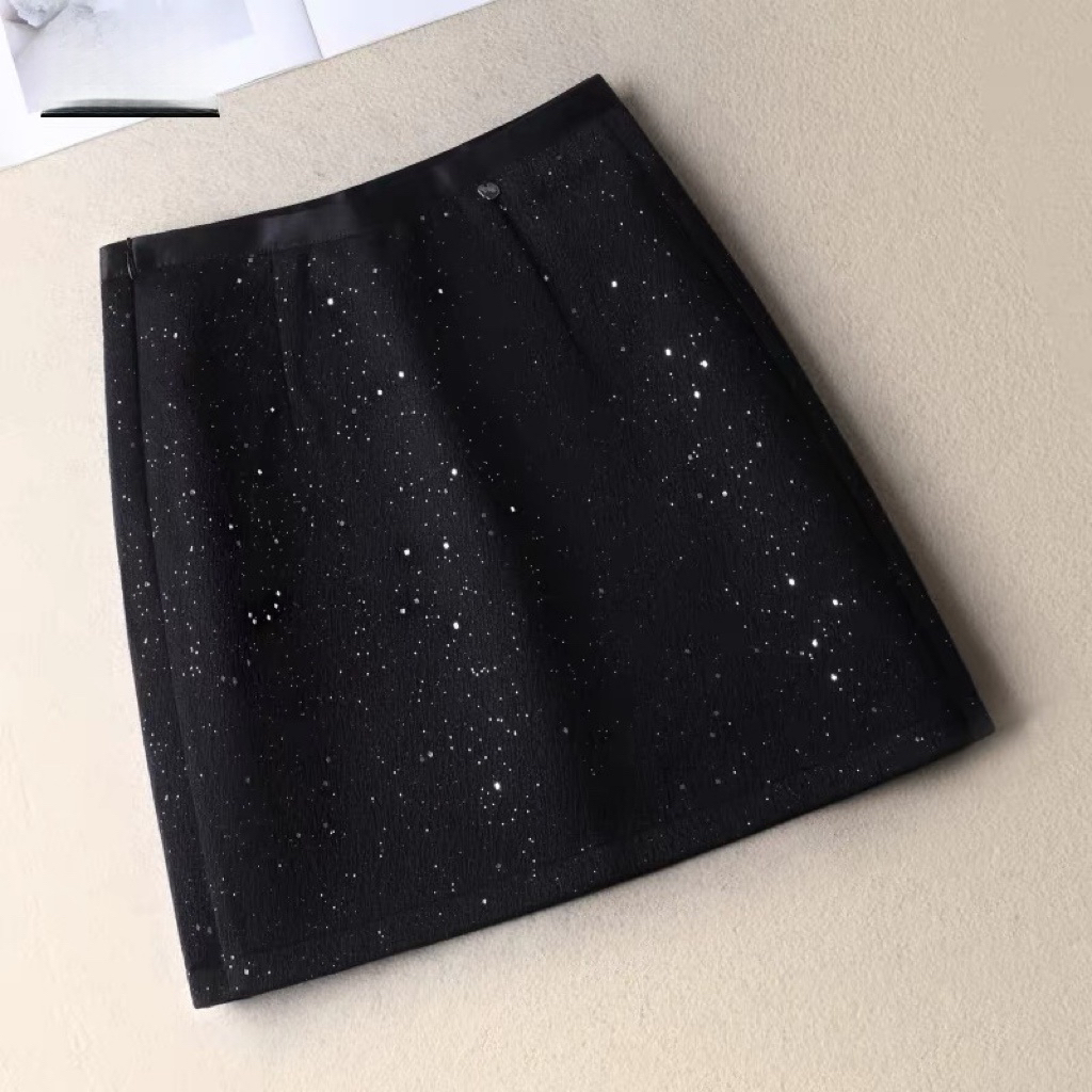 S·KBKZ洋气甜美小黑裙蕾丝气质新款显瘦高腰包臀时尚A字半身裙