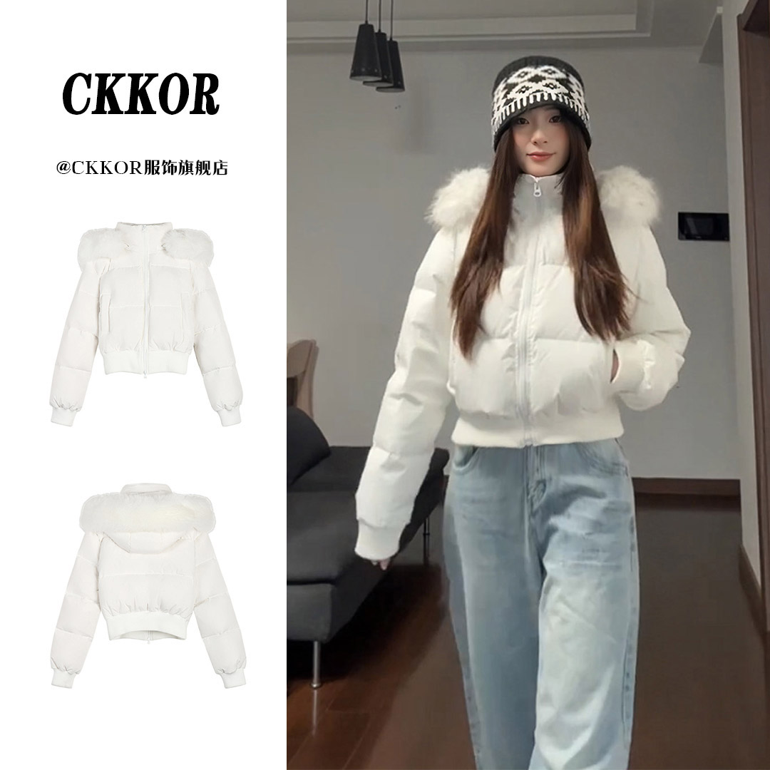 CKKOR秋冬新款毛领连帽外套女时尚潮流休闲服短款百搭面包服棉衣 