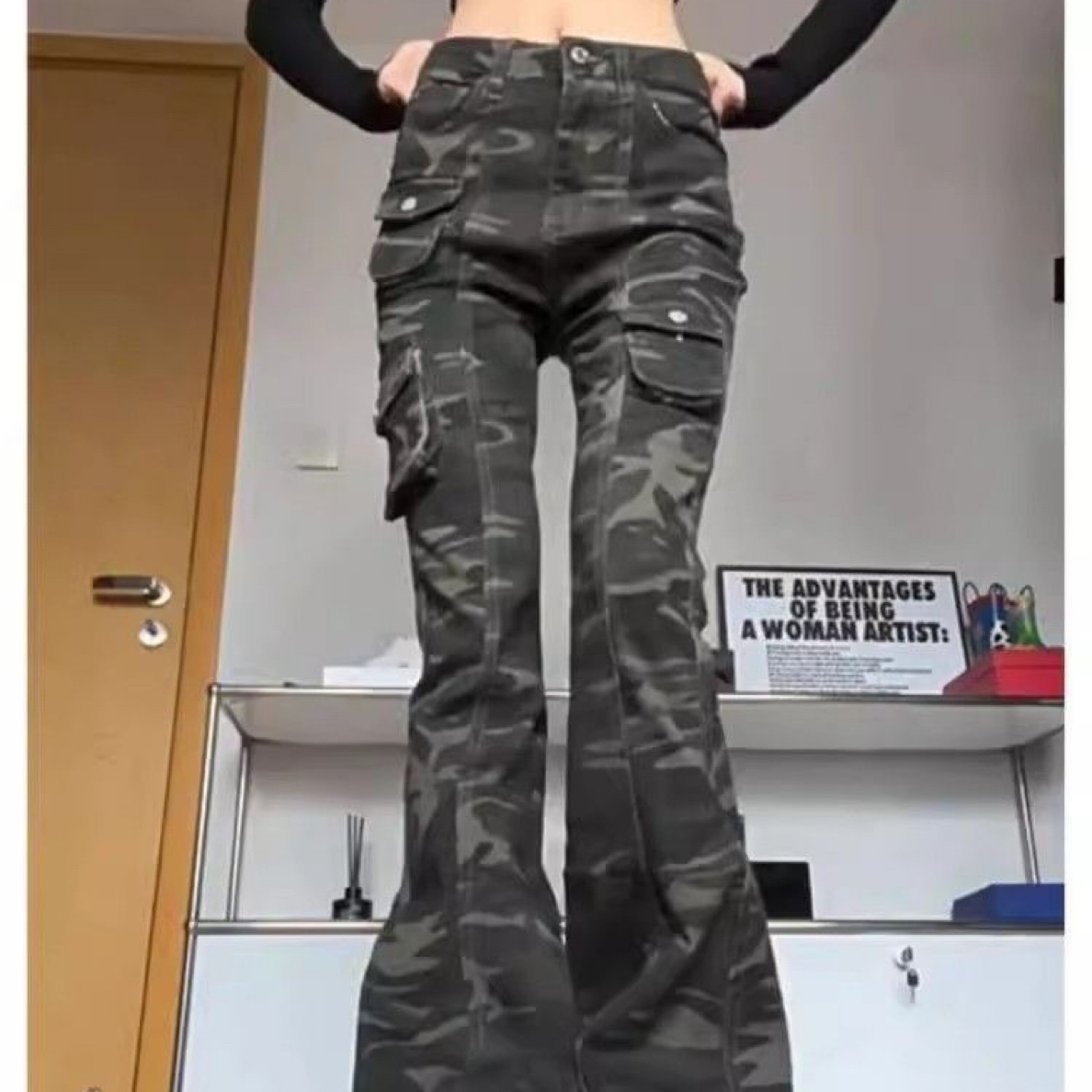 大码胖MM美式复古迷彩工装微喇叭牛仔裤女高腰修身显瘦秋季长裤