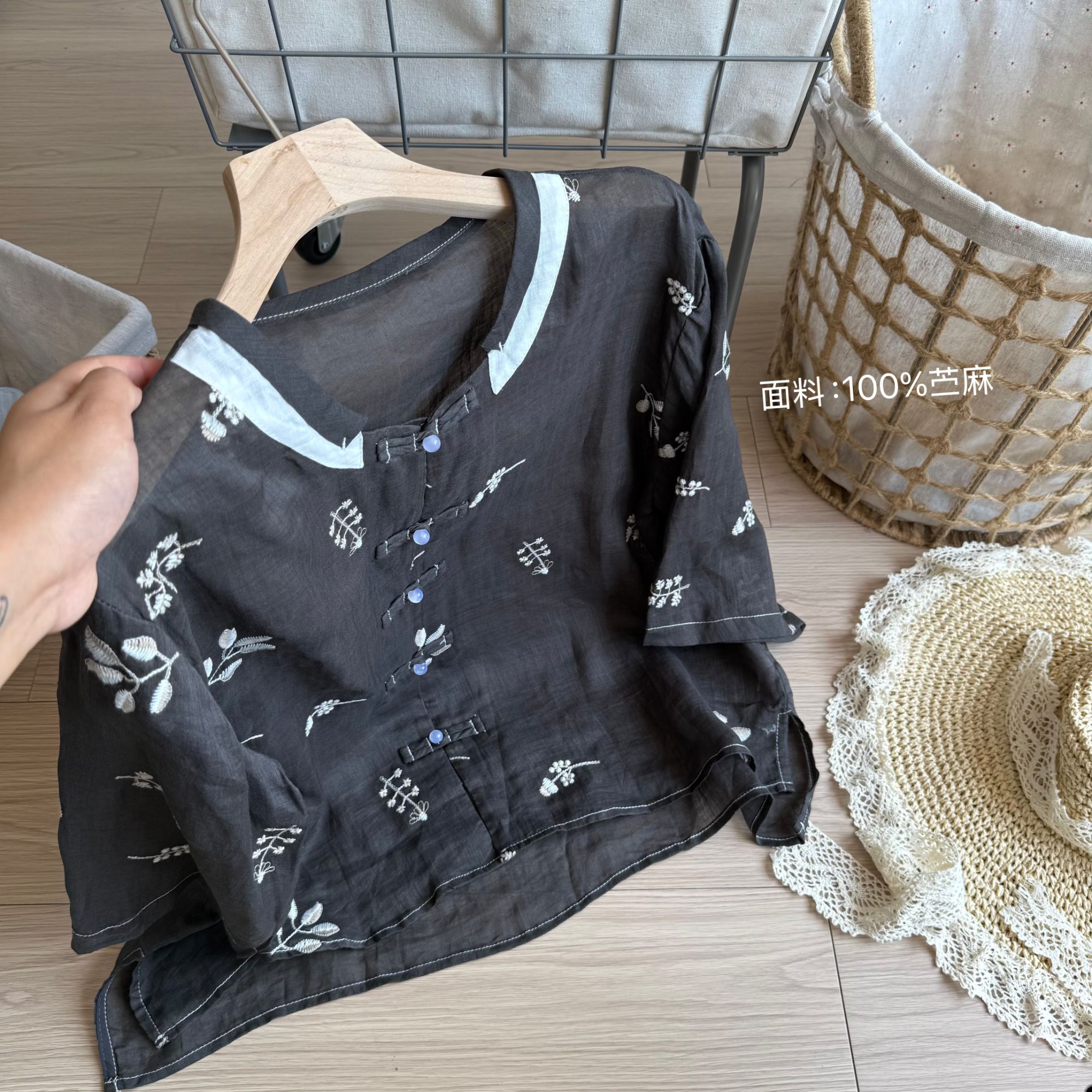 小柒家A0408-高级感苎麻开衫夏季新款法式轻奢七分袖衬衫上衣