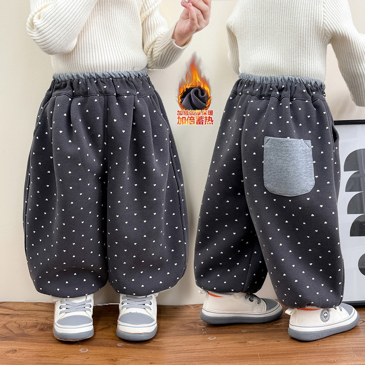 韩版童装女童加绒加厚裤子2025秋冬新款儿童复古波点宽松灯笼裤潮