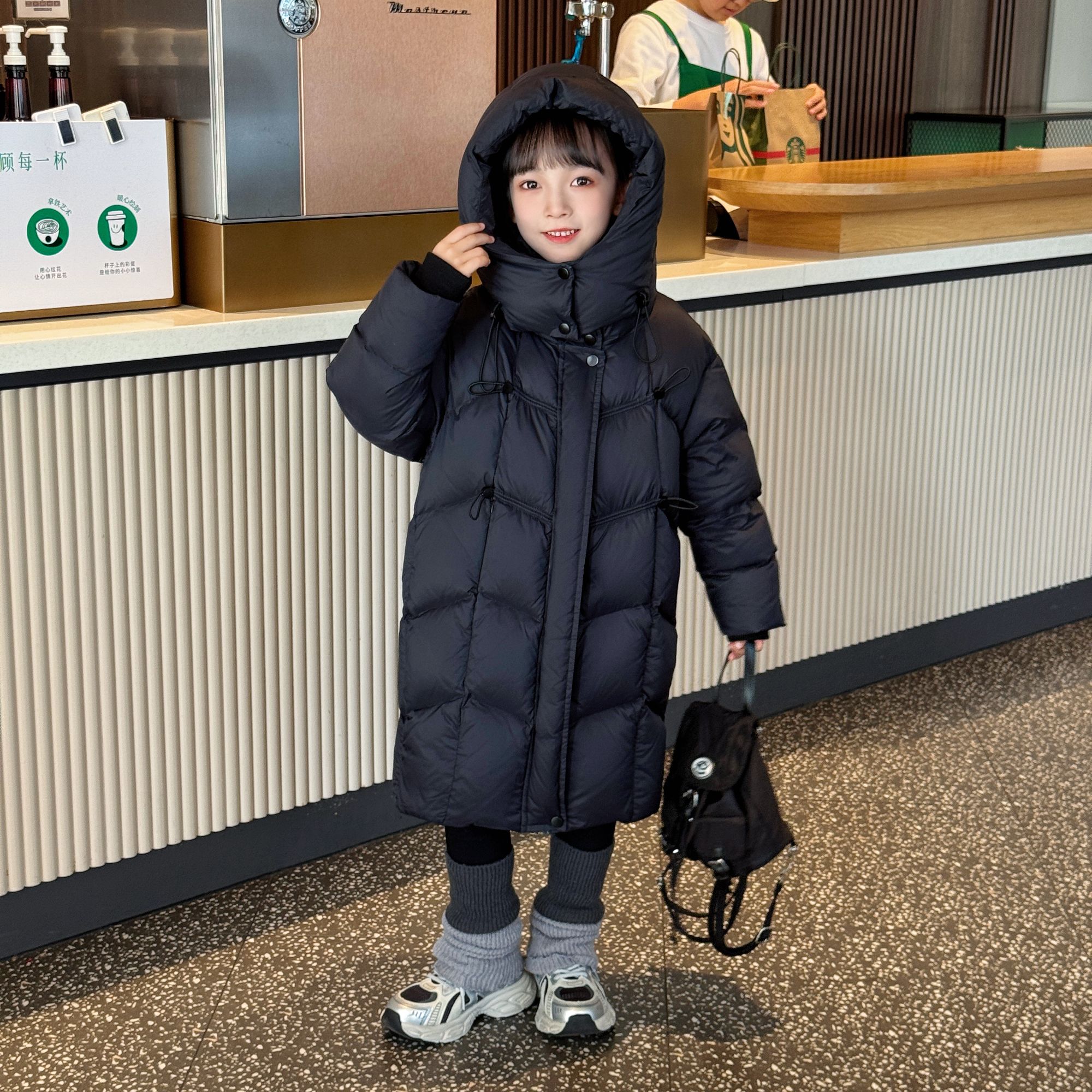 2025拉链休闲风加长款保暖过膝中大童白鸭绒韩版连帽