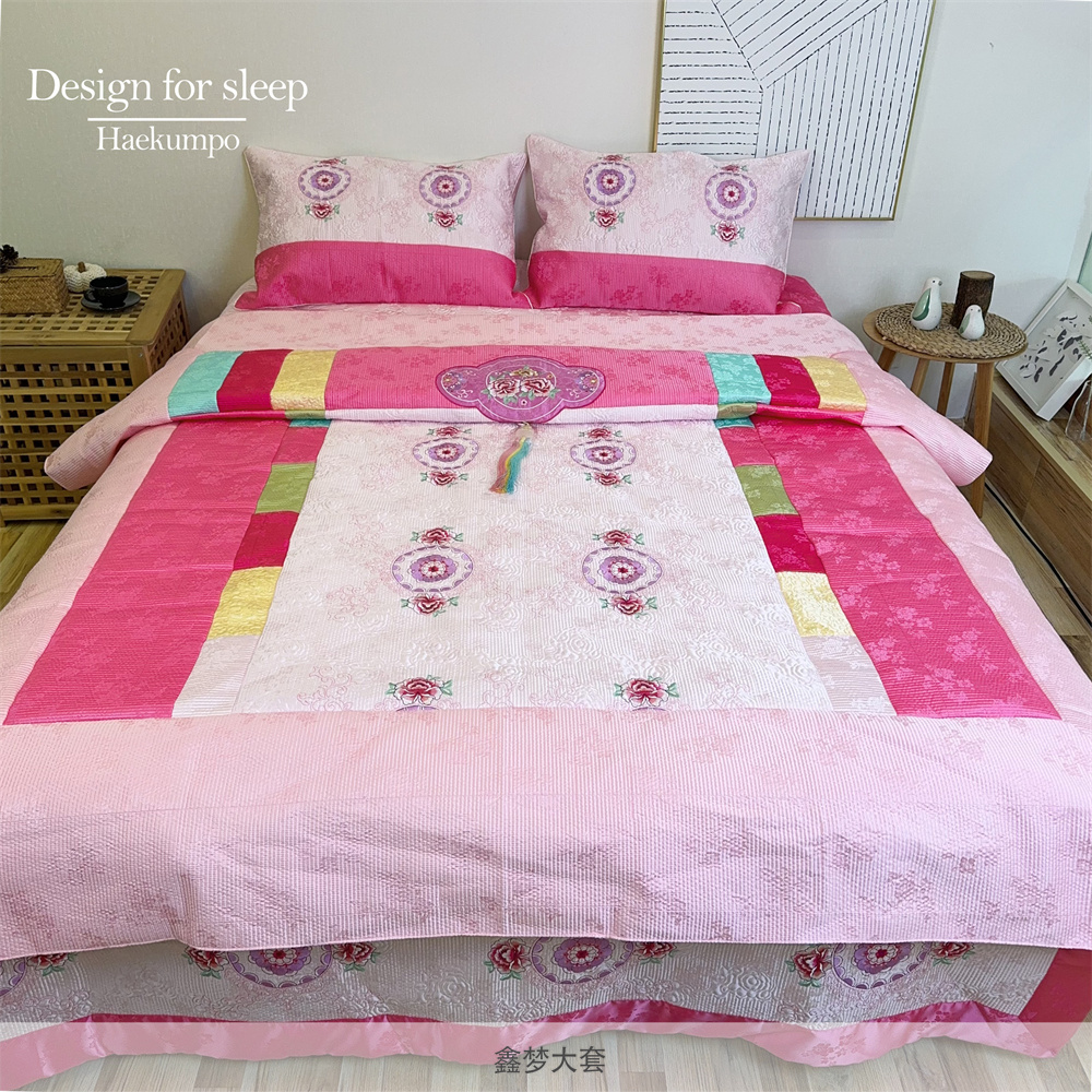 海金浦绗绣刺绣贡缎大套四件套韩式婚庆高档绗缝1.8M床（鑫梦大套）