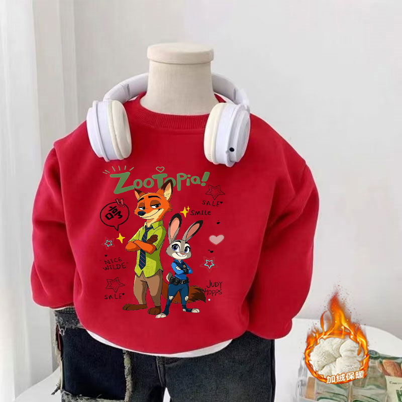 新款疯狂动物城秋冬季儿童圆领加绒红色卫衣中大童宝宝百搭上衣潮