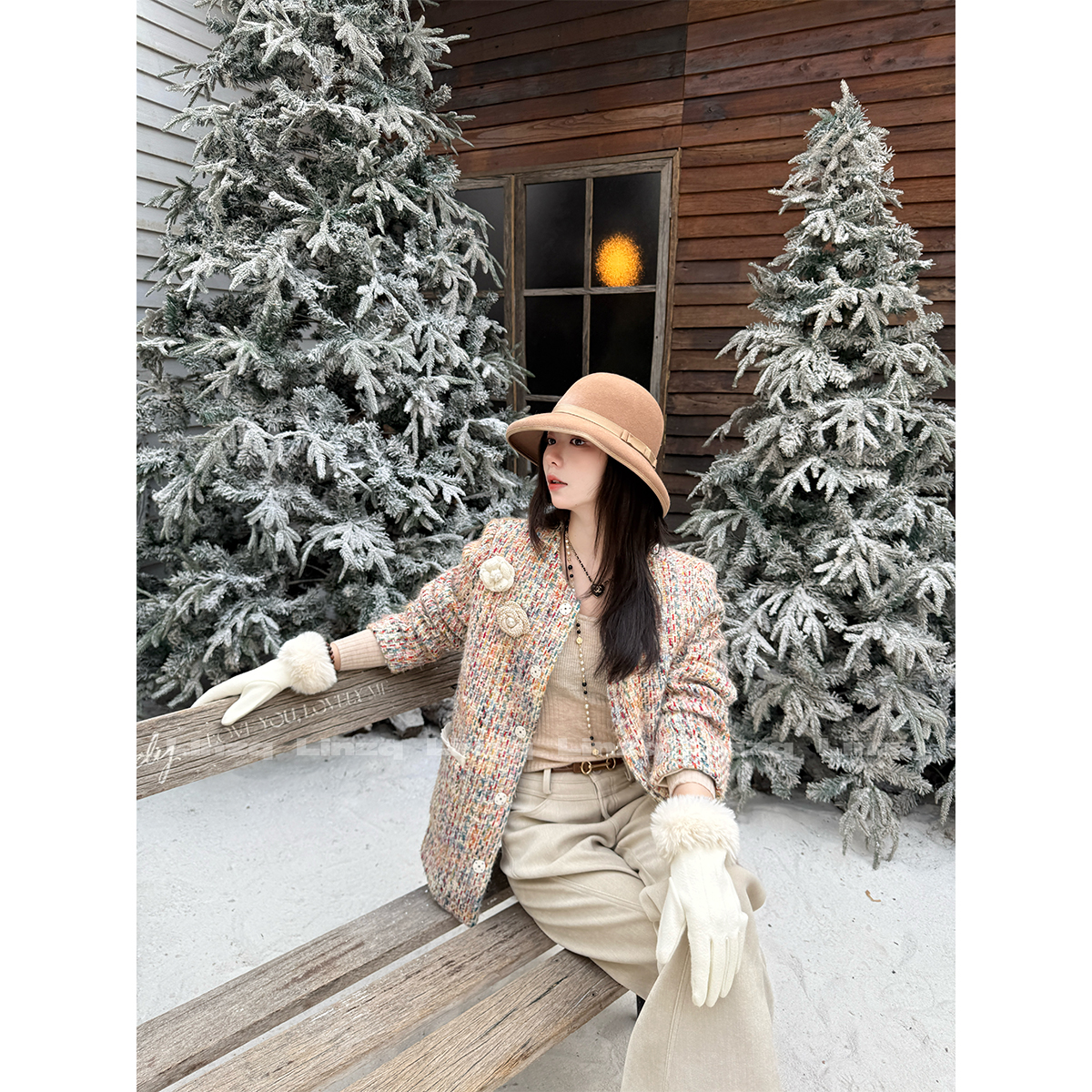 林子秋 【京都霓虹】彩虹小香羽绒外套 编织气质中长款小香风大衣