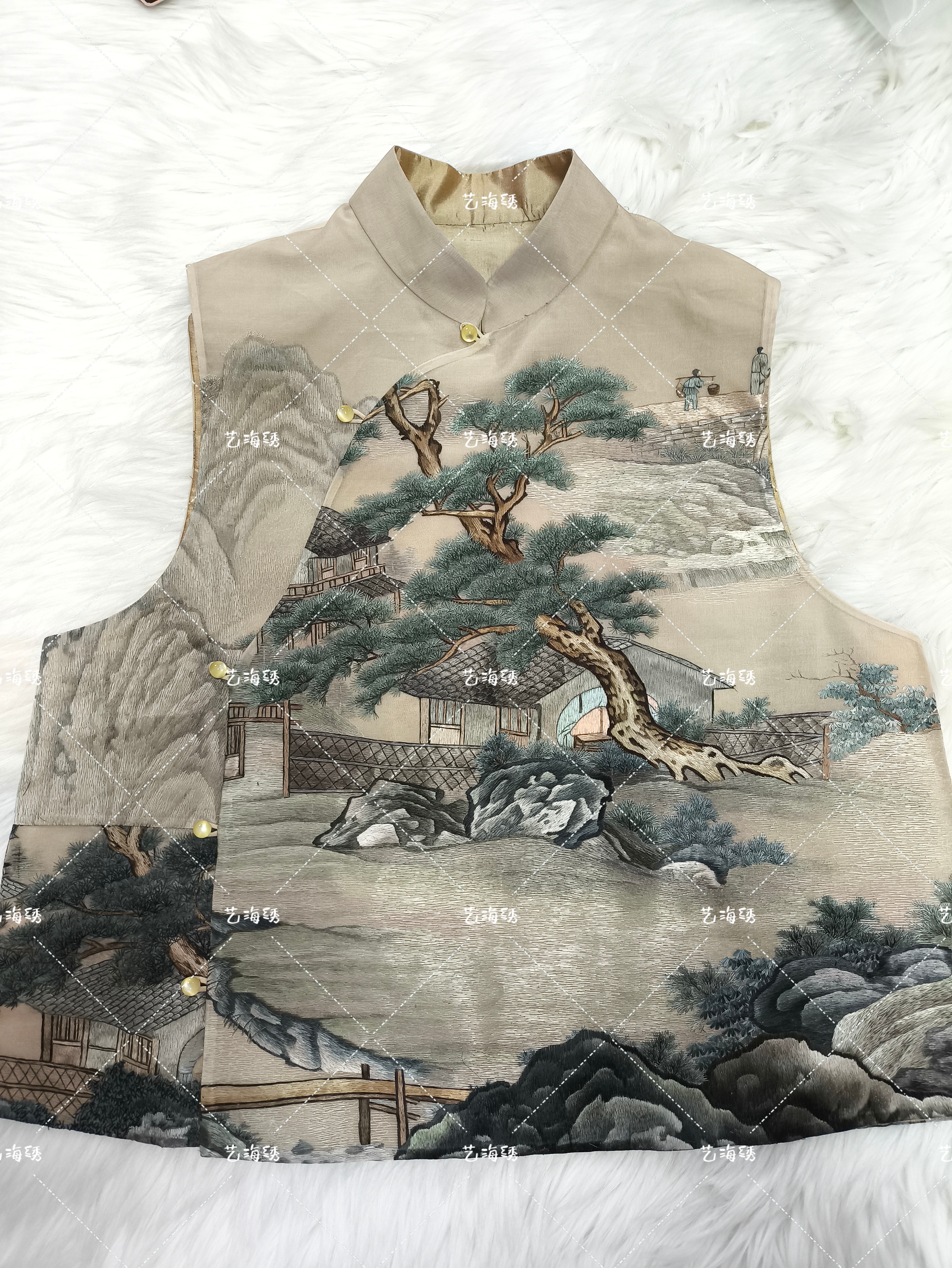 新中式国风刺绣山水图纹偏襟马甲