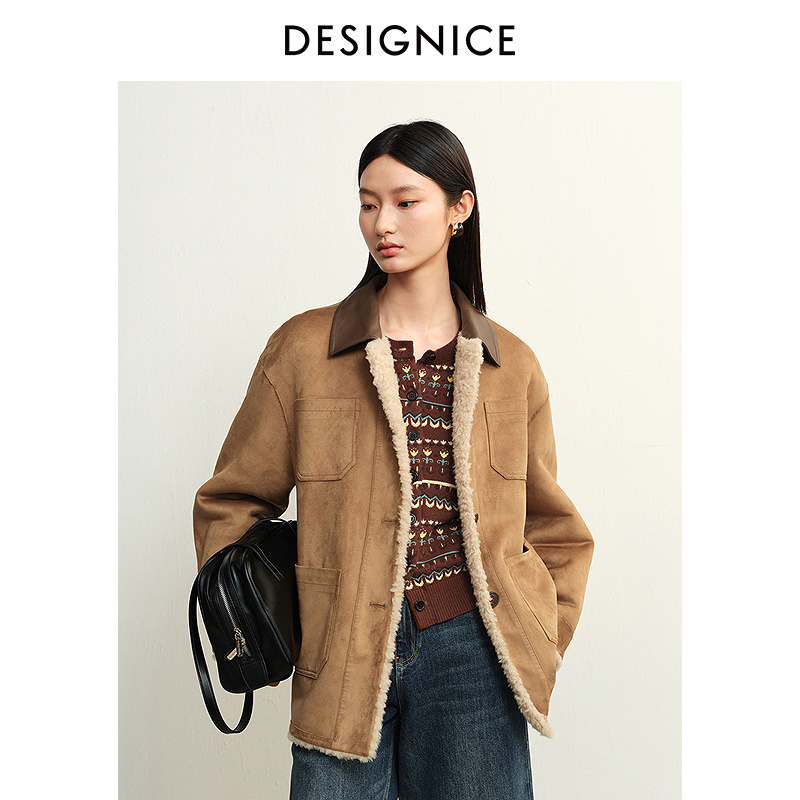 迪赛尼斯冬季复古巴恩风咖色宽松软糯毛绒内里短外套女