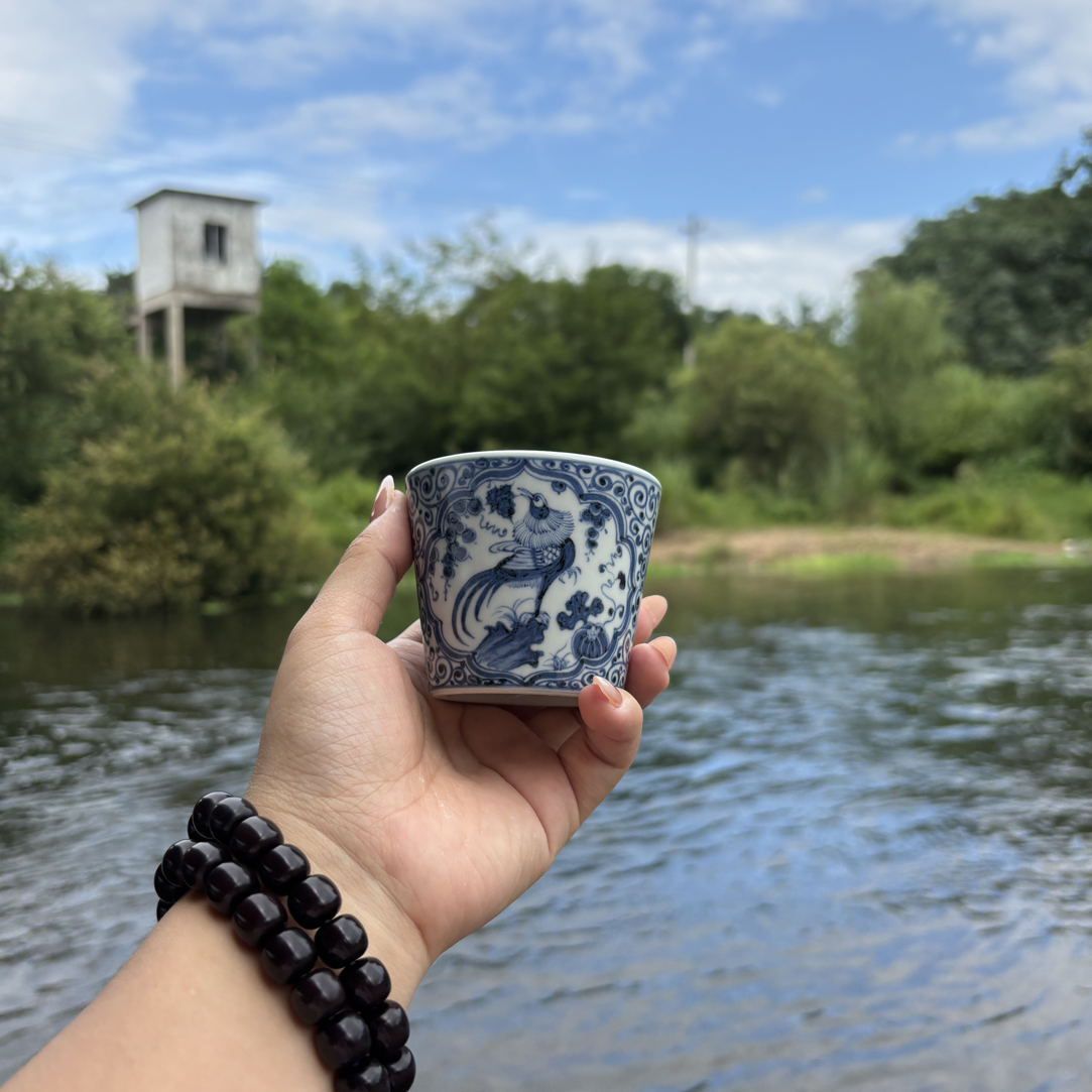 幽蓝溪堂景德镇陶瓷手工手绘仿元两面开窗可乐杯茶杯品茗杯茶具