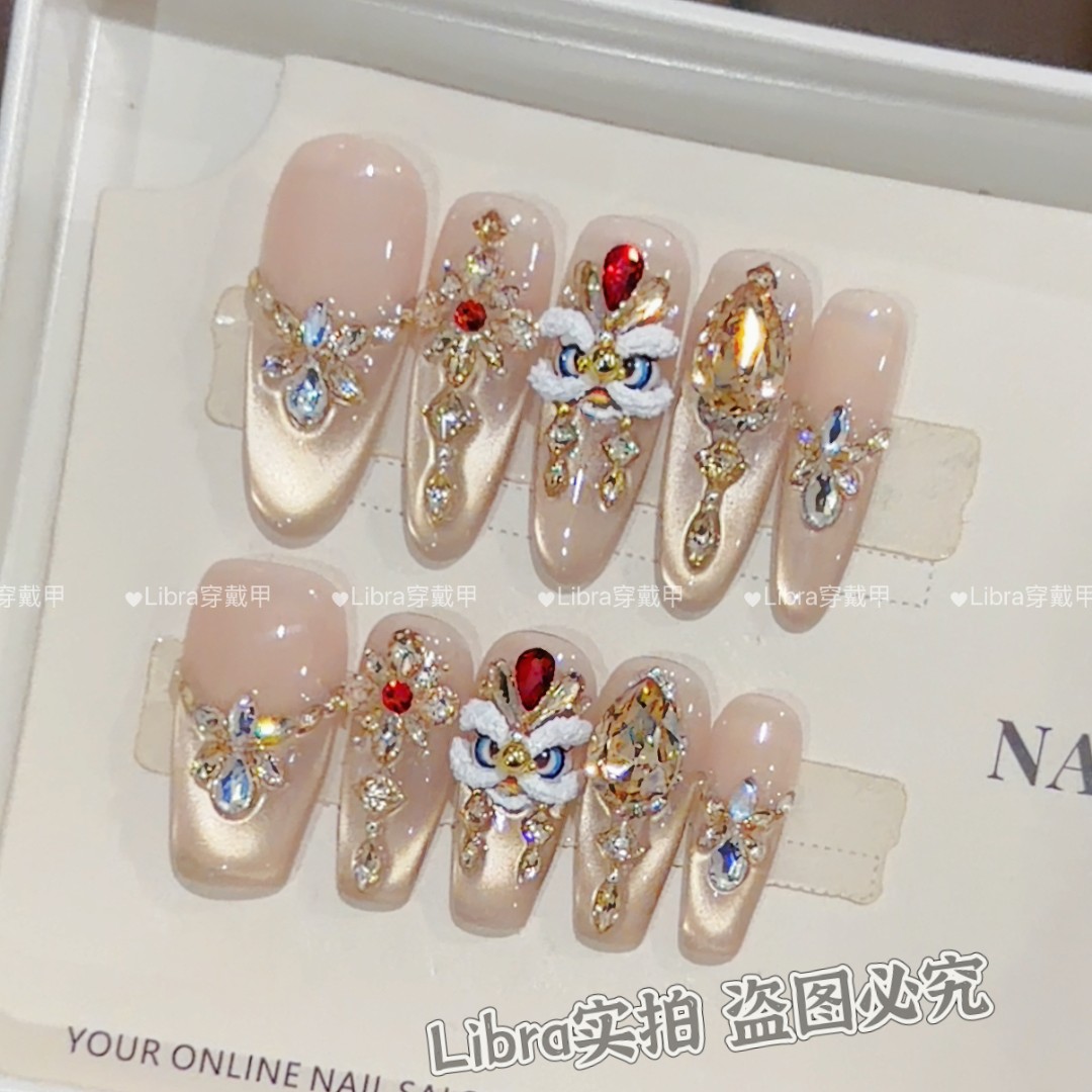 【鎏光醒狮】纯手工穿戴甲猫眼美甲贴片可拆卸指甲贴片10片装