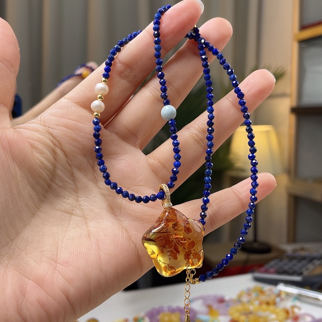 琥珀裸石银S925镀金镶嵌琥珀吊坠