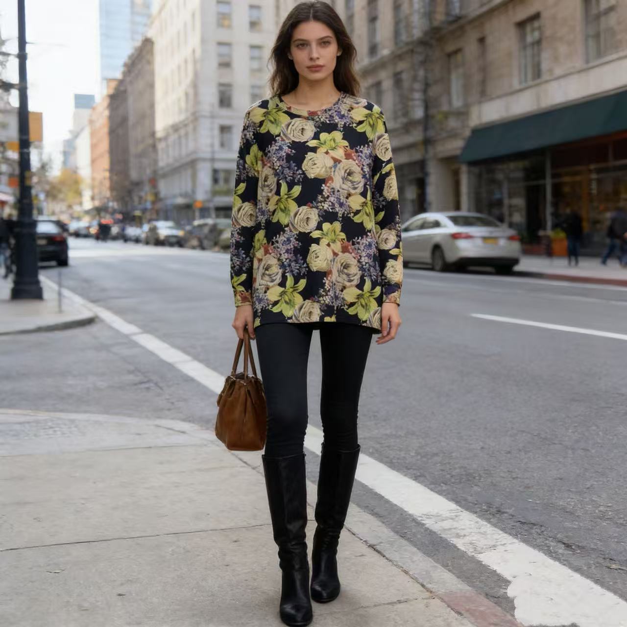 德绒玫瑰牡丹时尚印花2025冬季德绒大码女装时尚宽松显瘦女T恤