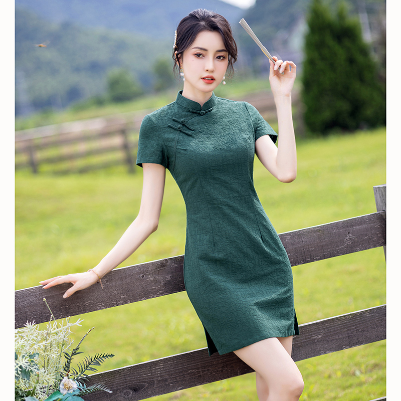 墨绿色旗袍女新款年轻款少女改良新中式日常小个子高端夏季短款