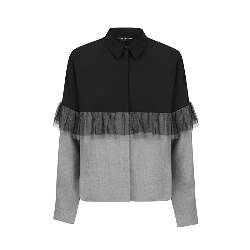 圣迪奥时尚撞色翻领网纱拼接休闲百搭长袖衬衫S231Z0530