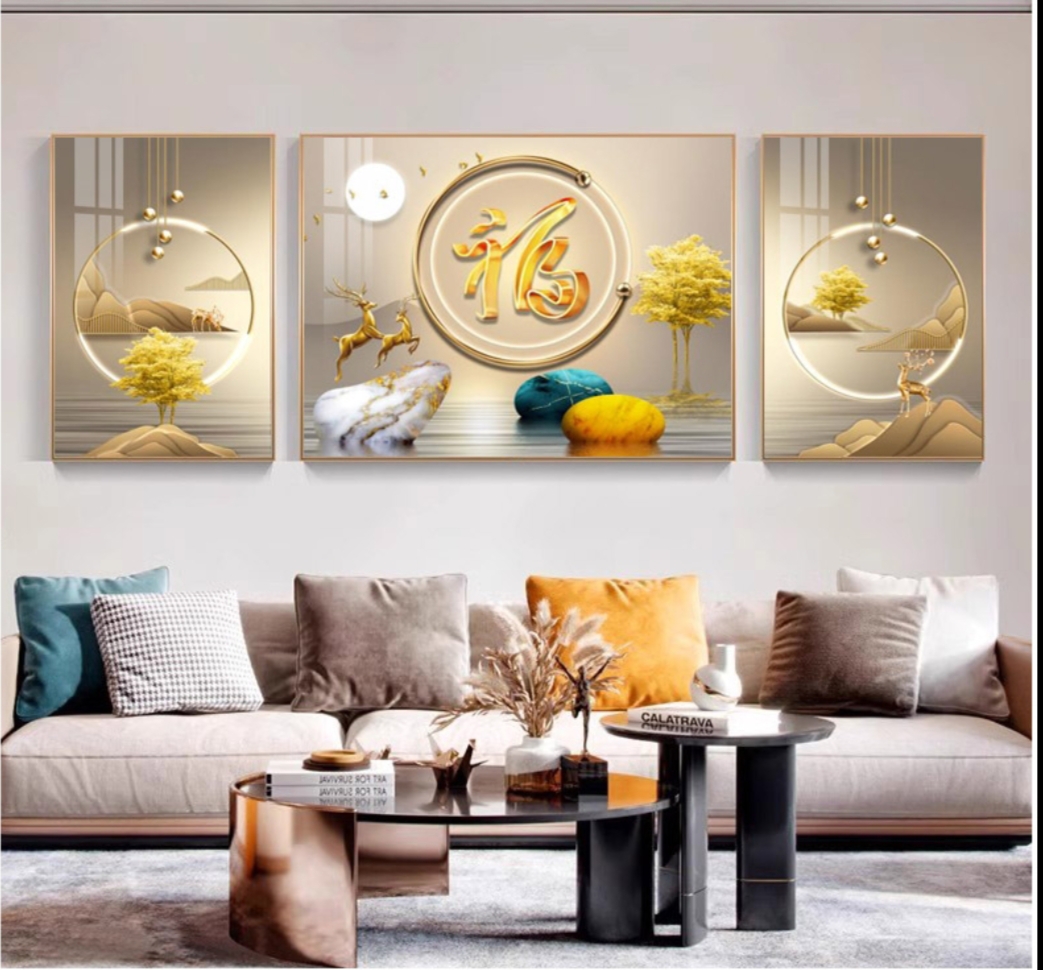 轻奢福字客厅中国风玻璃装饰画高档大气壁画背景墙三联挂画高级感