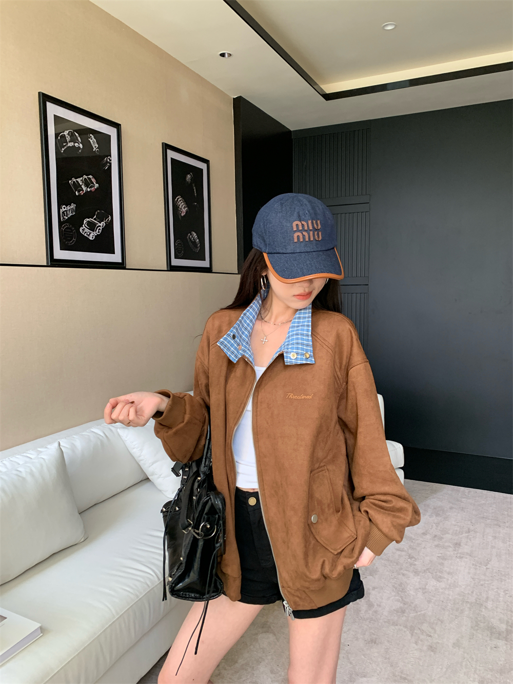美式复古格子翻领拼接夹克外套女秋冬季设计感气质休闲百搭棒球服