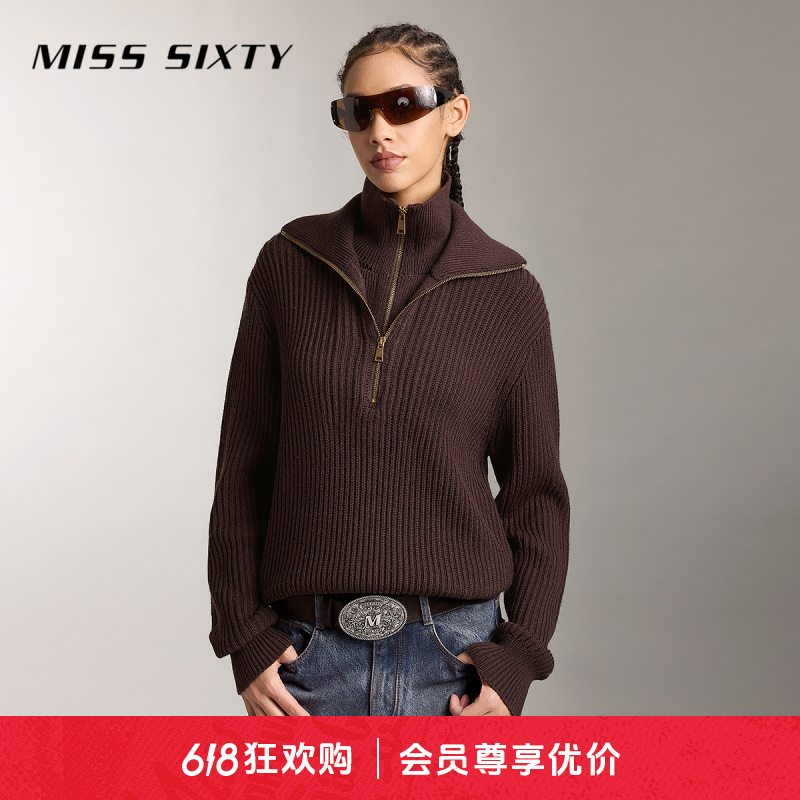 【新年系列】Miss Sixty绵羊毛针织衫女假两件拉链半门襟毛衣