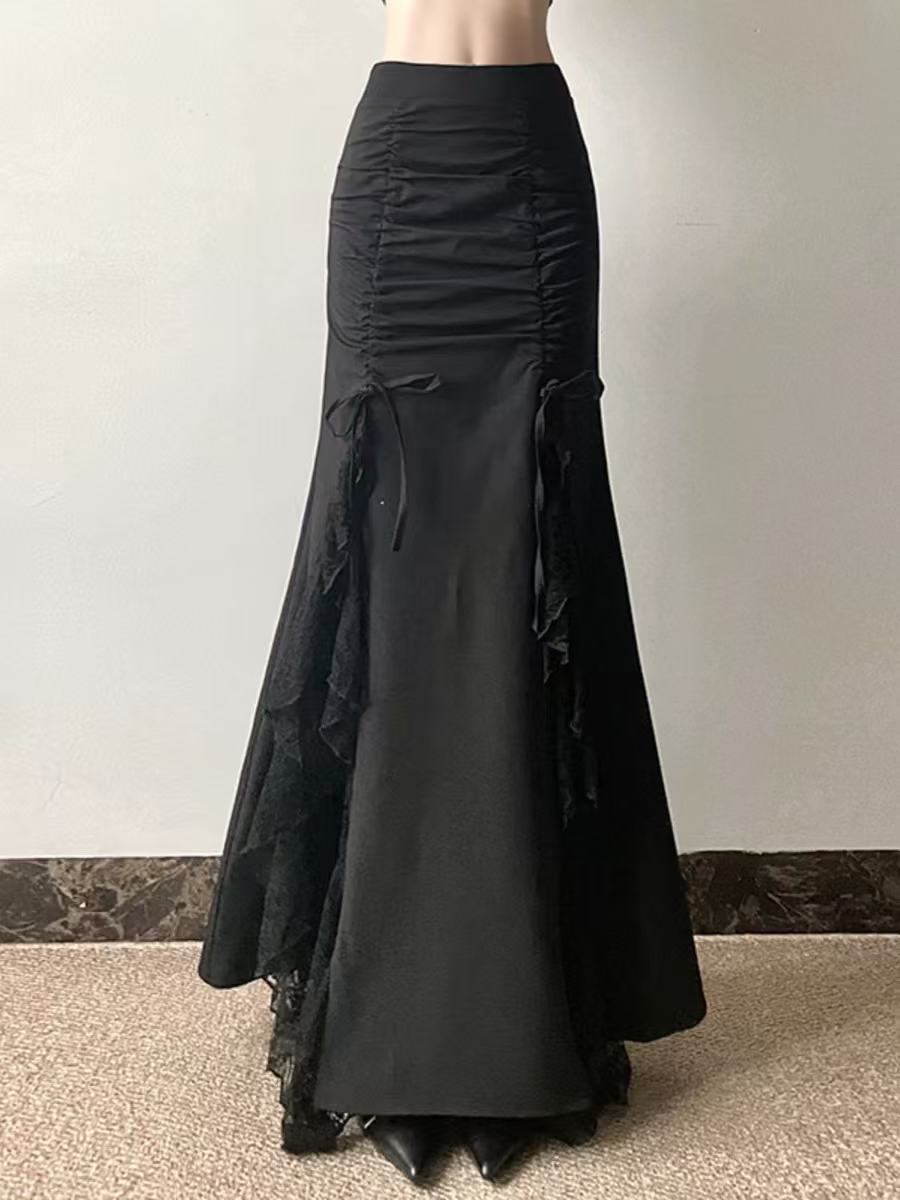 2025法式计感蕾丝拼接蝴蝶结褶皱半身裙高腰显瘦包臀鱼尾长裙