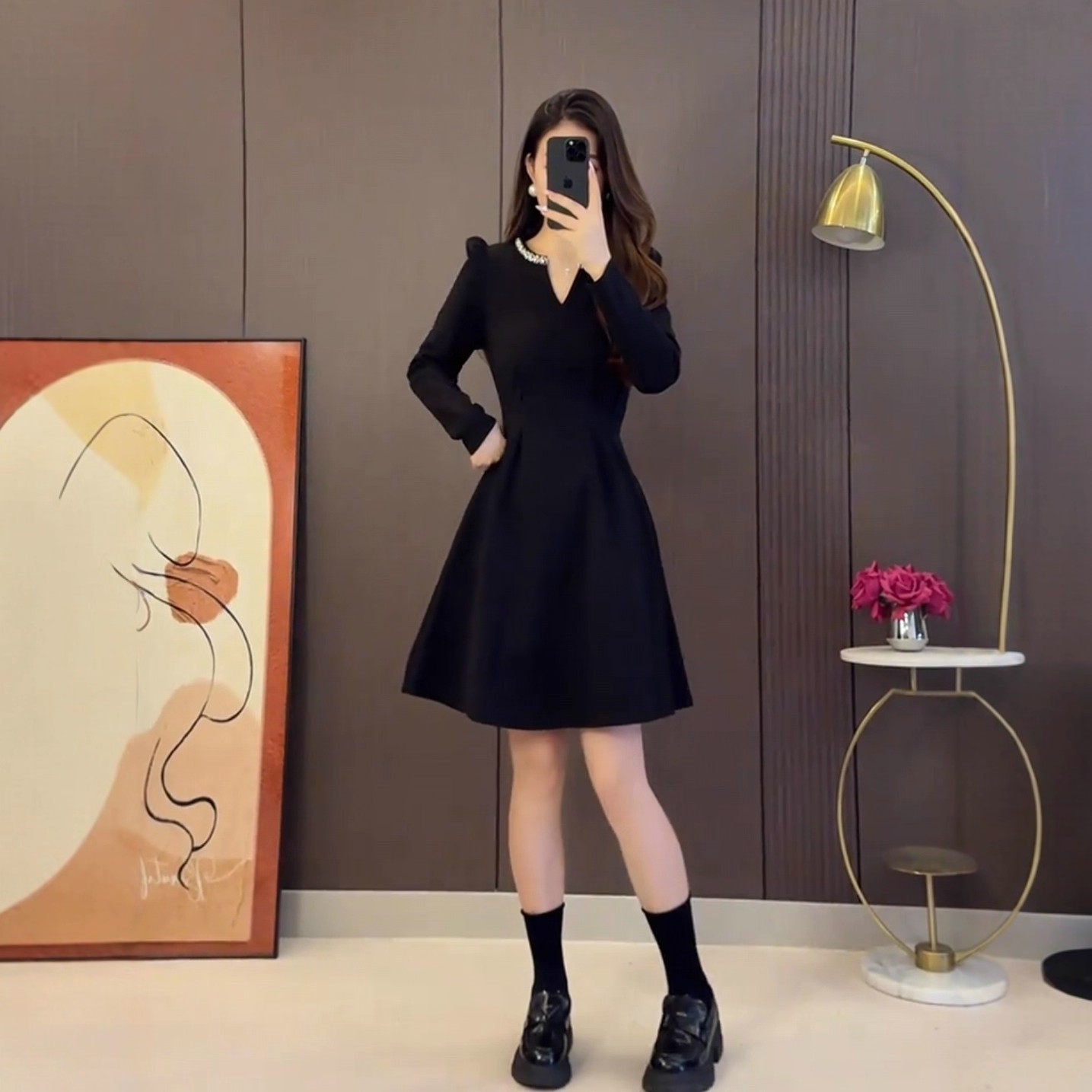 大码时尚赫本风拼接连衣裙女秋冬季胖mm遮肚显瘦黑色中长A字裙潮