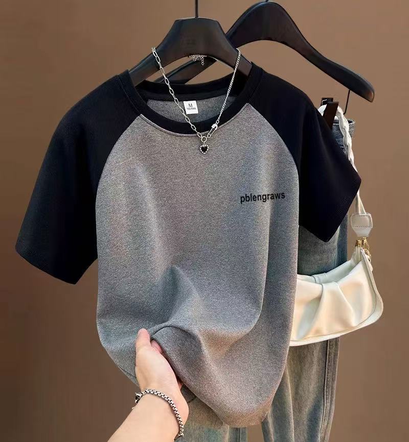 短袖拼接纯棉白色女士方领T恤不规则设计感洋气露肩