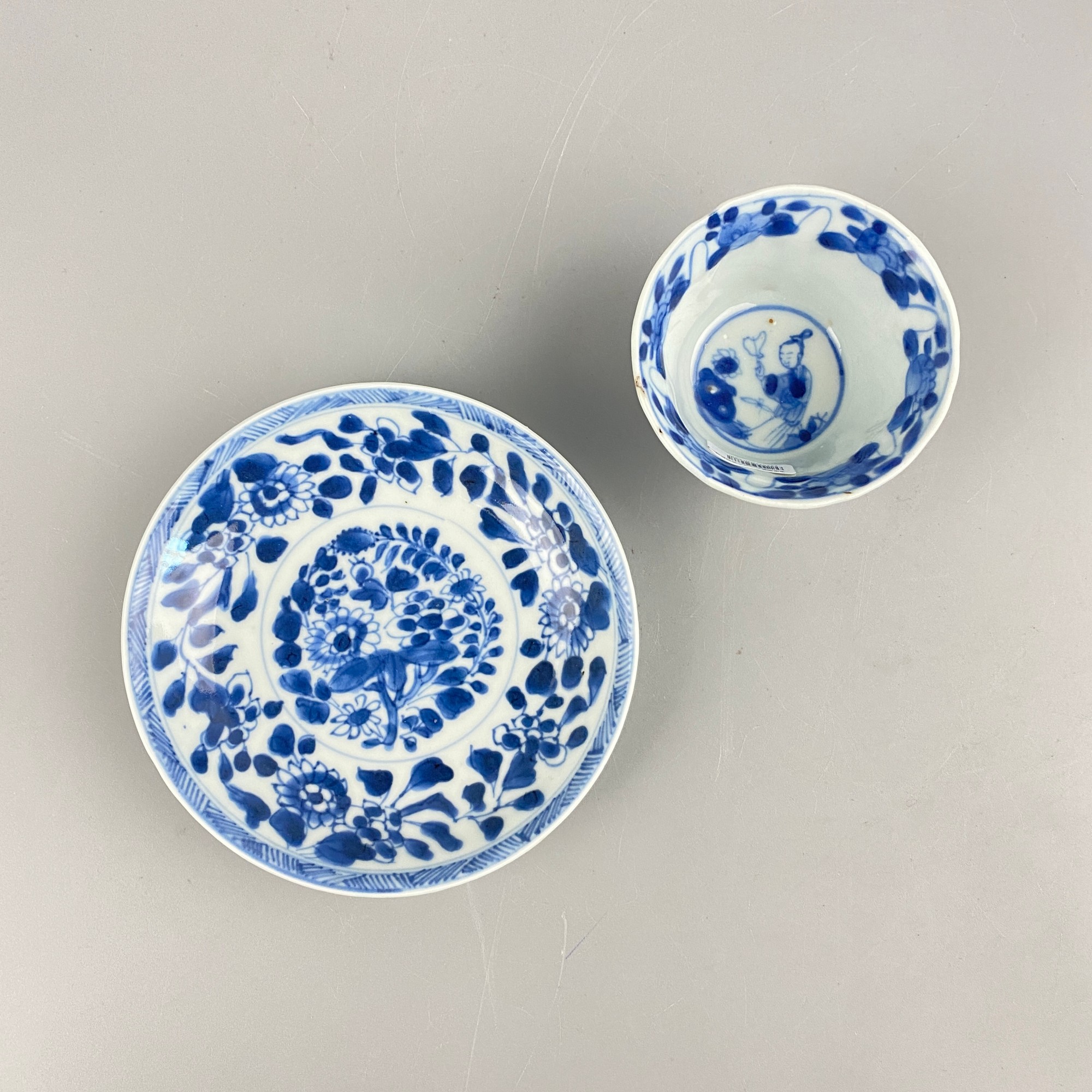 清康熙青花花卉人物纹杯碟一套【古董拍卖】Y225Y20303006