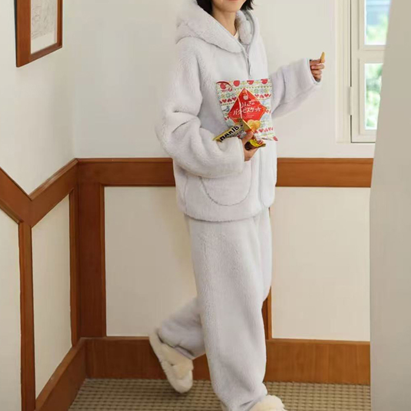 秋冬新款舒棉绒拉链连帽睡衣加厚暖气房气质保暖舒适长袖套装3035